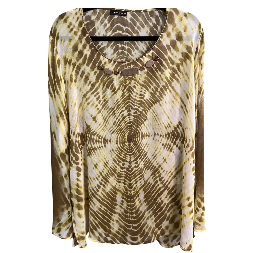 Femina Blouse 48/2XL Gold Shibori Tie Dye Sheer Beads Pullover Hippie Retro Boho